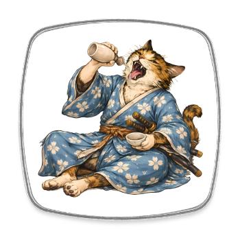 Saké de chat samouraï style ukiyo-e japonais - Magnet carré - blanc - Devant
