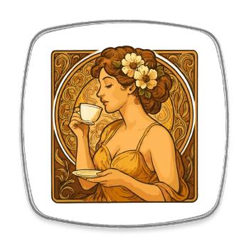 Art Nouveau Pin-Up: Elegant Woman with Coffee - Square fridge magnet - white - Front