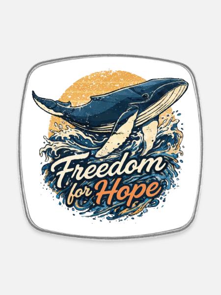 Freedom for Hope: Whale & Wave - Square fridge magnet - white