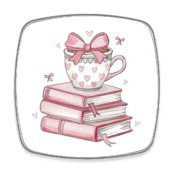 Herz Tasse und Bücherstapel - Viereckiger Kühlschrankmagnet - Weiß - Vorne
