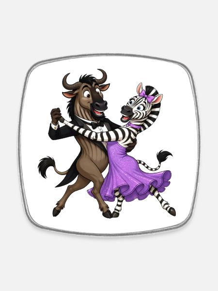 Wildebeest and zebra in elegant ball dance waltz - Square fridge magnet - white