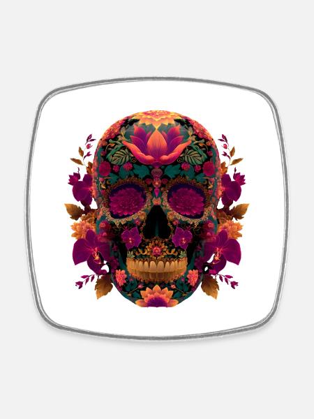 Noble Calavera Skull Floral - Dia de los Muert - Magnet carré - blanc