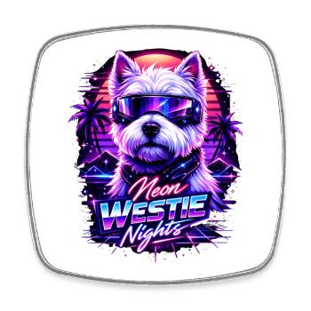 Neon Westie Nights – Cyber Dog with Sunglasses - Square fridge magnet - white - Front