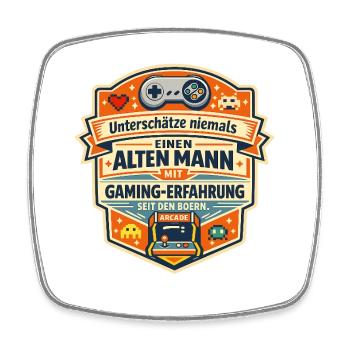 Unterschätze niemals alten Mann Gaming-Erfahrung - Viereckiger Kühlschrankmagnet - Weiß - Vorne