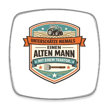 Unterschätze niemals den alten Mann mit Traktor - Viereckiger Kühlschrankmagnet - Weiß - Vorne