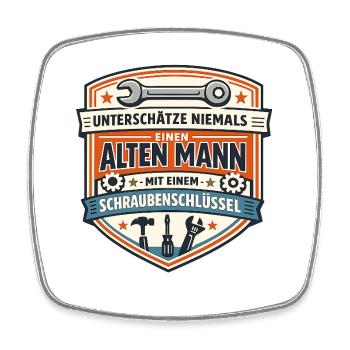 Alter Mann mit Schraubenschlüssel Badge - Viereckiger Kühlschrankmagnet - Weiß - Vorne