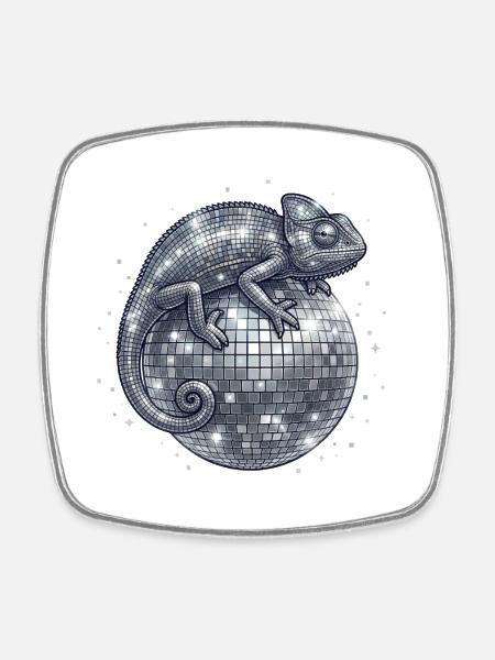 Chameleon on Disco Ball - Square fridge magnet - white