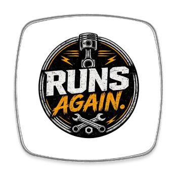 Runs Again Engine Revival-Abzeichen - Viereckiger Kühlschrankmagnet - Weiß - Vorne