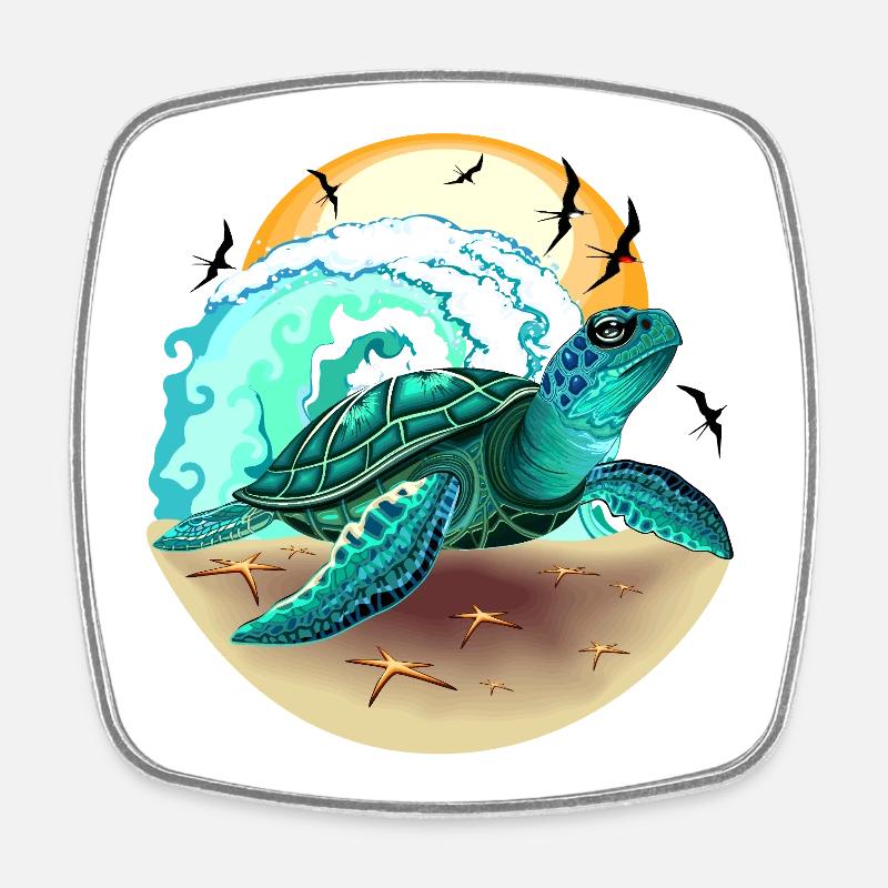 Sea Turtle, Ocean Wave and Frigate Birds - Square fridge magnet - white