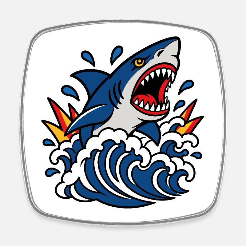 Furious shark in the tattoo style waves - Square fridge magnet - white
