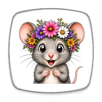 Souris joyeuse décorée de fleurs - Magnet carré - blanc - Devant