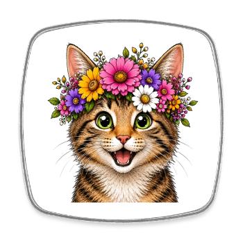 Cat with floral decoration - Square fridge magnet - white - Front