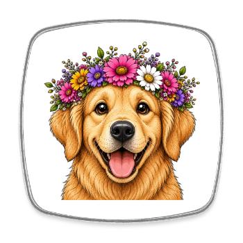 Lächelnder Hund mit Blumenschmuck  - Viereckiger Kühlschrankmagnet - Weiß - Vorne