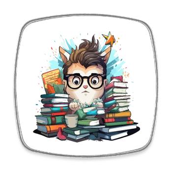 Pile de livres chat avec des lunettes - Magnet carré - blanc - Devant