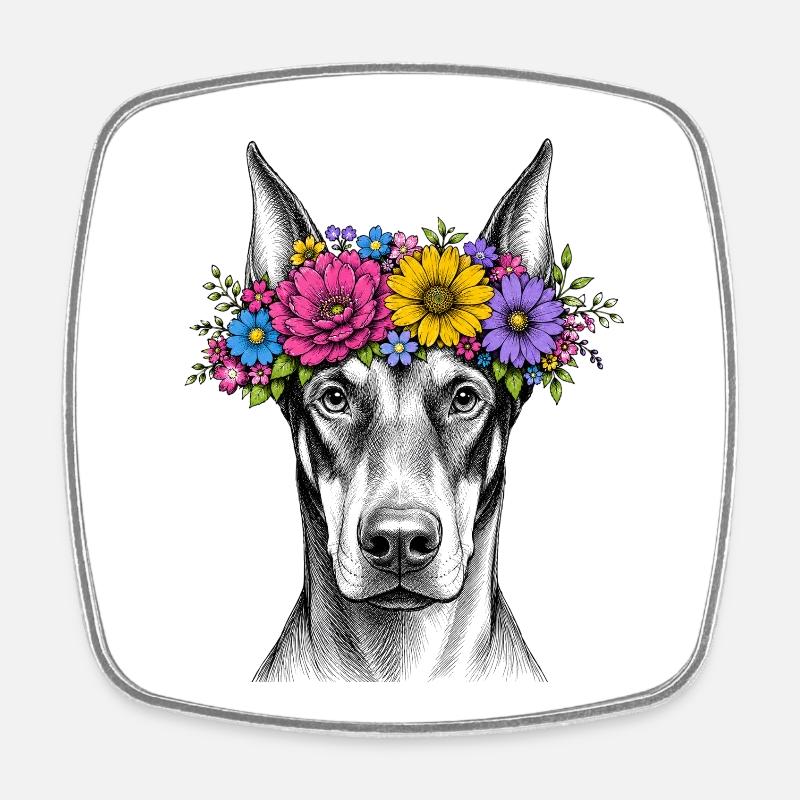 Chien avec une couronne de fleurs - Magnet carré - blanc