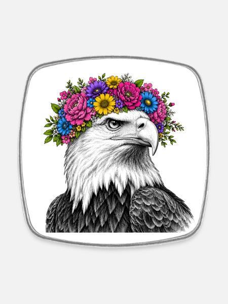 Flower Crown Eagle Portrait - Square fridge magnet - white