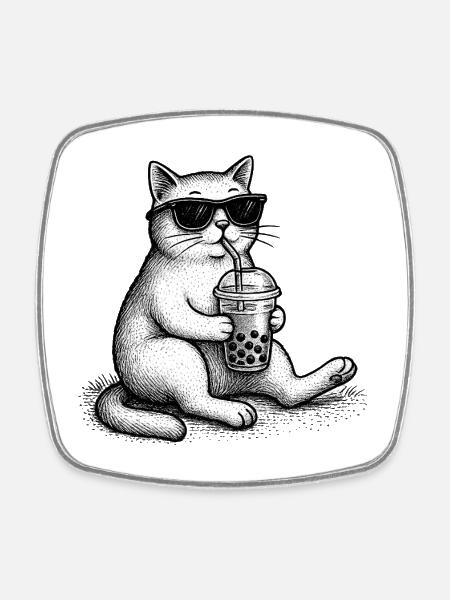 Bubble Tea Cat - Square fridge magnet - white