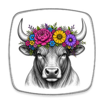 Blumenkranz-Stierkopf Illustration - Viereckiger Kühlschrankmagnet - Weiß - Vorne