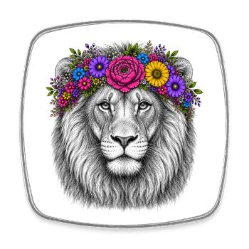 Löwenkopf mit Blumenkranz - Viereckiger Kühlschrankmagnet - Weiß - Vorne