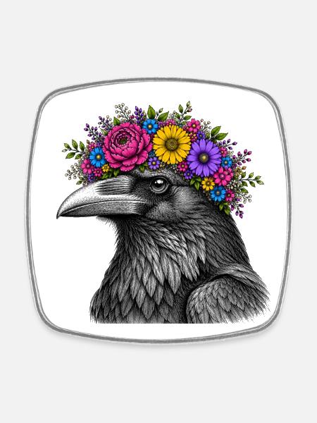 Crow's Head with Flower Crown - Square fridge magnet - white