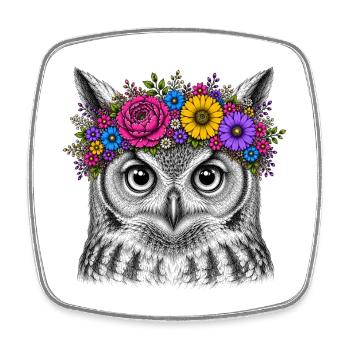 Tête de hibou avec couronne de fleurs - Magnet carré - blanc - Devant