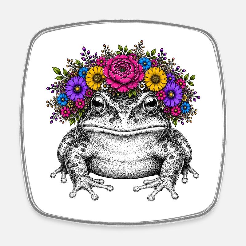 Grenouille avec corolle florale - Magnet carré - blanc