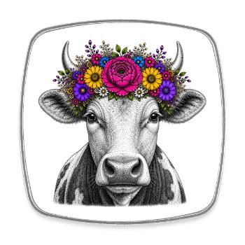 Kuh mit Blumenkrone - Viereckiger Kühlschrankmagnet - Weiß - Vorne