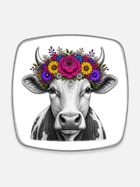 Cow with flower crown - Square fridge magnet - white