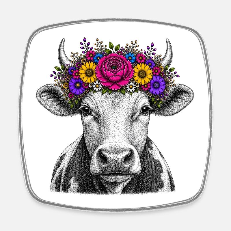 Vache avec couronne de fleurs - Magnet carré - blanc