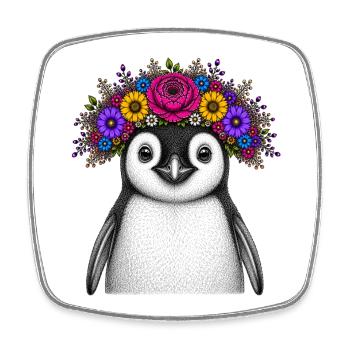 Pinguin mit Blumenkrone - Viereckiger Kühlschrankmagnet - Weiß - Vorne