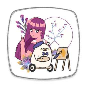Artiste Kawaii & Cochon en fauteuil roulant - Magnet carré - blanc - Devant