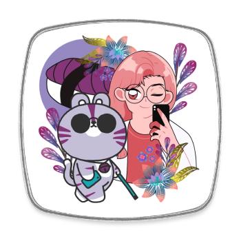 Kawaii Selfie & Visually Impaired Cat - Square fridge magnet - white - Front