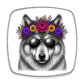 Wolf mit Blütenkranz und Sonnenbrille - Viereckiger Kühlschrankmagnet - Weiß - Vorne