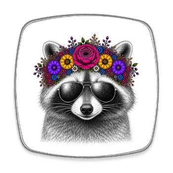 Waschbär Blütenkrone Sonnenbrille - Viereckiger Kühlschrankmagnet - Weiß - Vorne