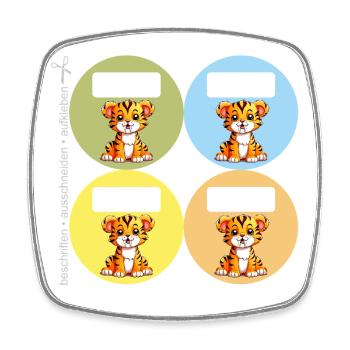DIY Schulaufkleber Säbelzahntiger 4er Set rund - Viereckiger Kühlschrankmagnet - Weiß - Vorne