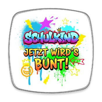 Schulkind Jetzt wird's bunt! - Graffiti Design - Viereckiger Kühlschrankmagnet - Weiß - Vorne