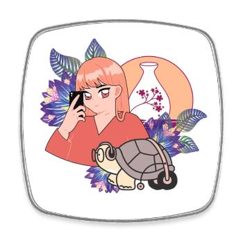 Selfie zen et Tortue dans l’art en fauteuil roulant - Magnet carré - blanc - Devant