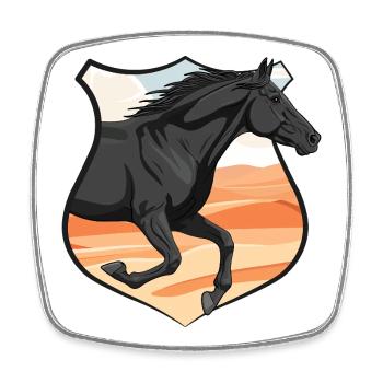 Un cheval Abaga au galop, un écusson et un désert - Magnet carré - blanc - Devant