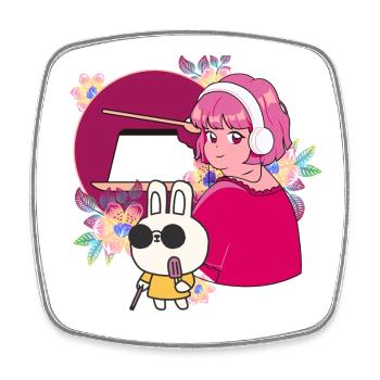 Manga Girl avec des écouteurs et un lapin aveugle - Magnet carré - blanc - Devant