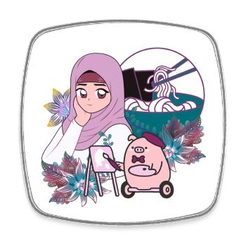 Manga Artist, Ramen and Pig in Wheelchair - Square fridge magnet - white - Front