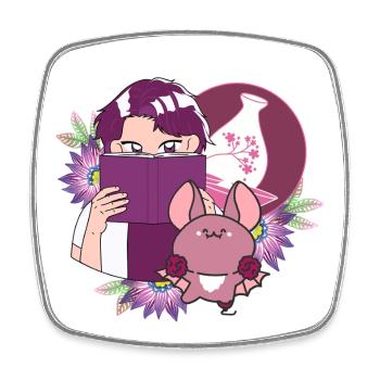Lecteur de manga, saké et chauve-souris avec prothèse - Magnet carré - blanc - Devant