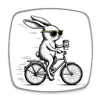 Bunny on a bicycle with coffee – funny animal - Square fridge magnet - white - Front