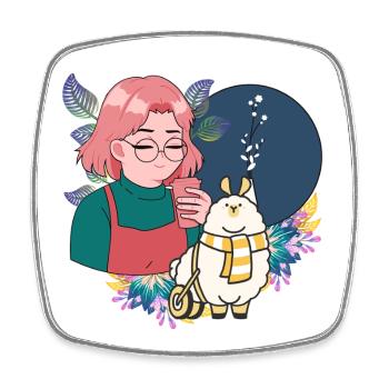 Manga Girl with Coffee and Lama in Wheelchair - Square fridge magnet - white - Front