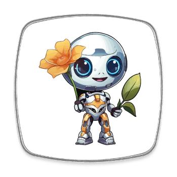 Cuddly robot with flower - Square fridge magnet - white - Front