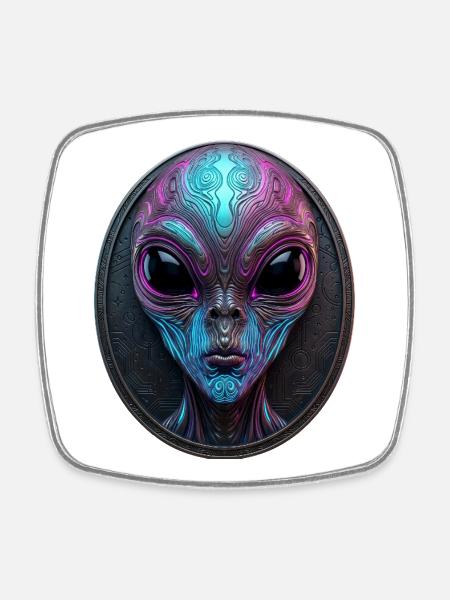 Neon Alien Medallion Sci-Fi Art - Square fridge magnet - white