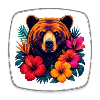 Tropical bear head with hibiscus flowers - Square fridge magnet - white - Front