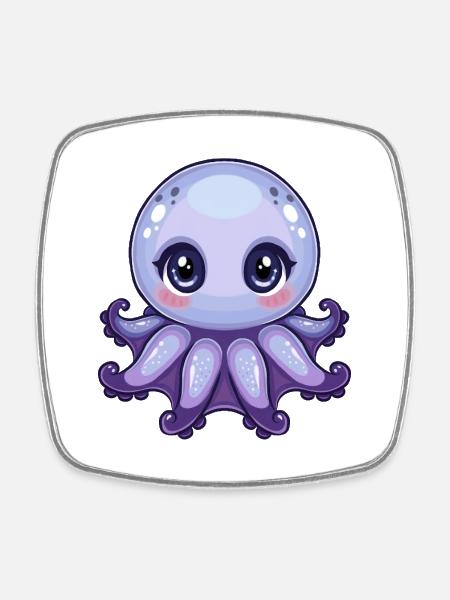 Kawaii Big Eyes Purple Octopus - Square fridge magnet - white