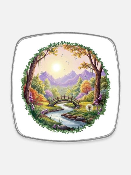 Spring-colored landscape bridge - Square fridge magnet - white