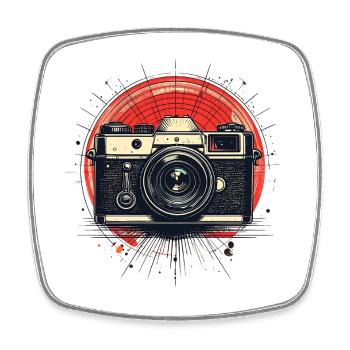 Vintage camera with red circle - Square fridge magnet - white - Front