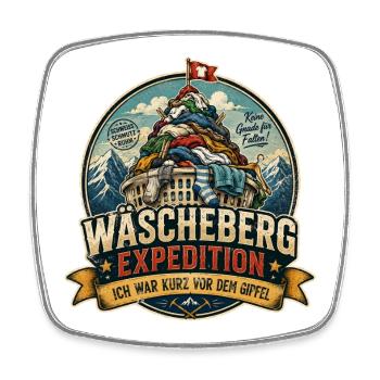 Wäscheberg Expedition – Lustiges Haushalts Motiv - Viereckiger Kühlschrankmagnet - Weiß - Vorne